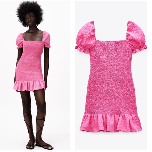ZARA Barbie Core Pink Square Neck Dress with Puff Sleeves Flounced Hem M - Picture 9 of 12